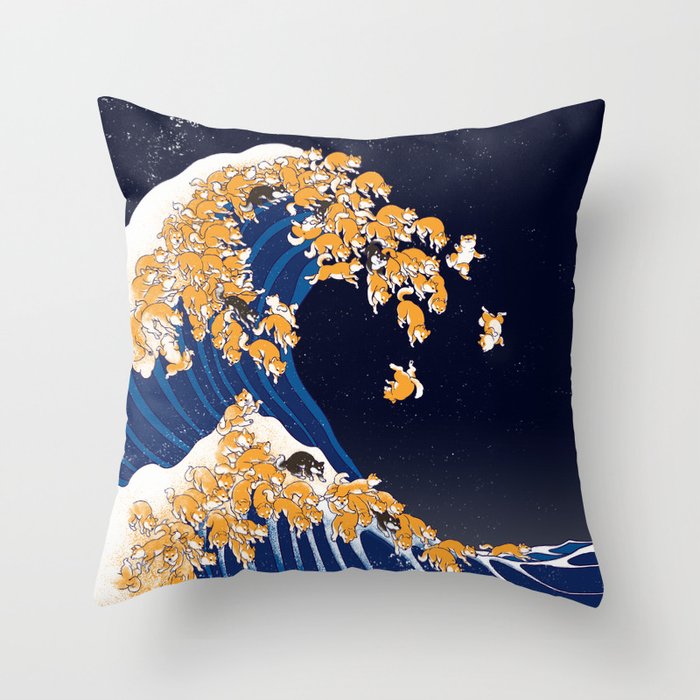 Shiba Inu The Great Wave in Night Throw Pillow