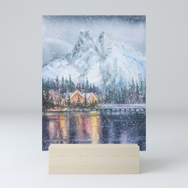 Enchanting Snowy Log Cabin Alpine Lake Mini Art Print