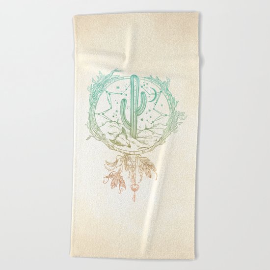 Desert Cactus Dreamcatcher Turquoise Coral Gradient Beach Towel