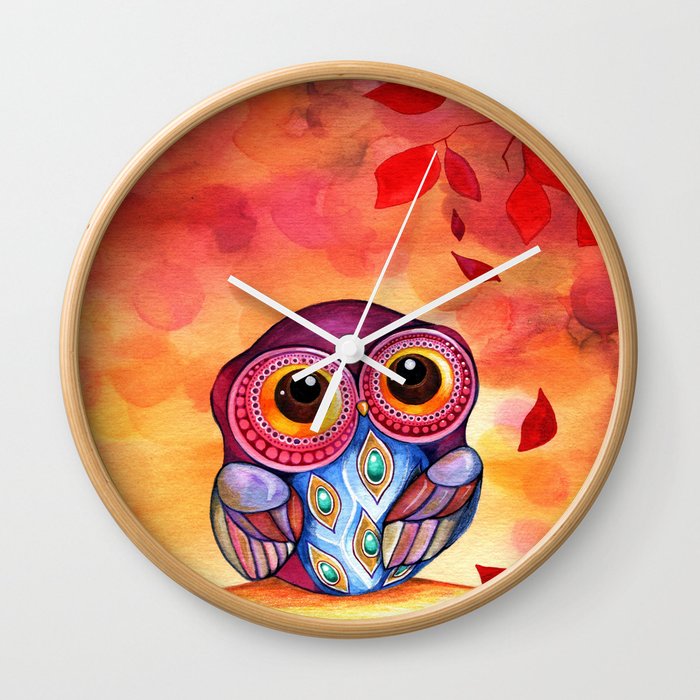 Owl's First Fall Leaf Wall Clock