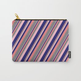 [ Thumbnail: Light Coral, Gray, Pink & Midnight Blue Colored Stripes Pattern Carry-All Pouch ]