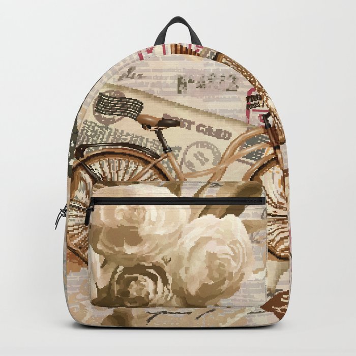 Seamless vintage background with roses, butterfly and bicycle.  Backpack