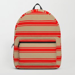 [ Thumbnail: Tan & Red Colored Lines Pattern Backpack ]