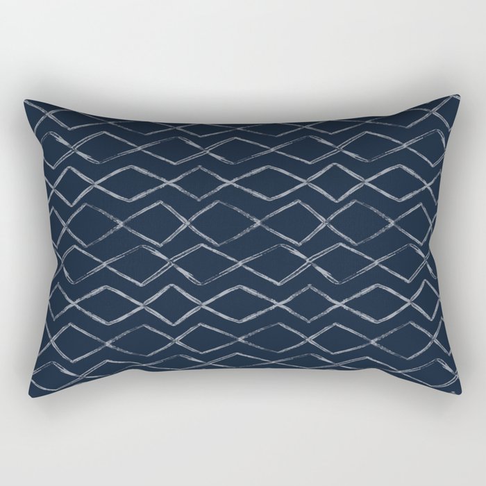 Dark Navy Blue Bohemian Tribal Mud Cloth Chevron Horizontal Stripe Diamond Pattern Rectangular Pillow