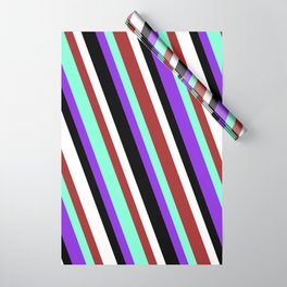 [ Thumbnail: Brown, Aquamarine, Purple, Black & White Colored Striped Pattern Wrapping Paper ]