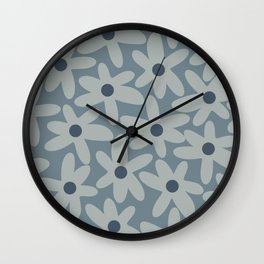 Daisy Time Retro Floral Pattern in Medium Neutral Blue Gray Tones  Wall Clock