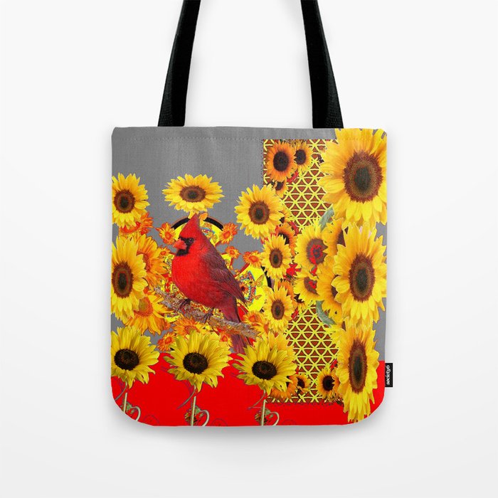 MODERN ABSTRACT RED CARDINAL YELLOW SUNFLOWERS GREY ART Tote Bag