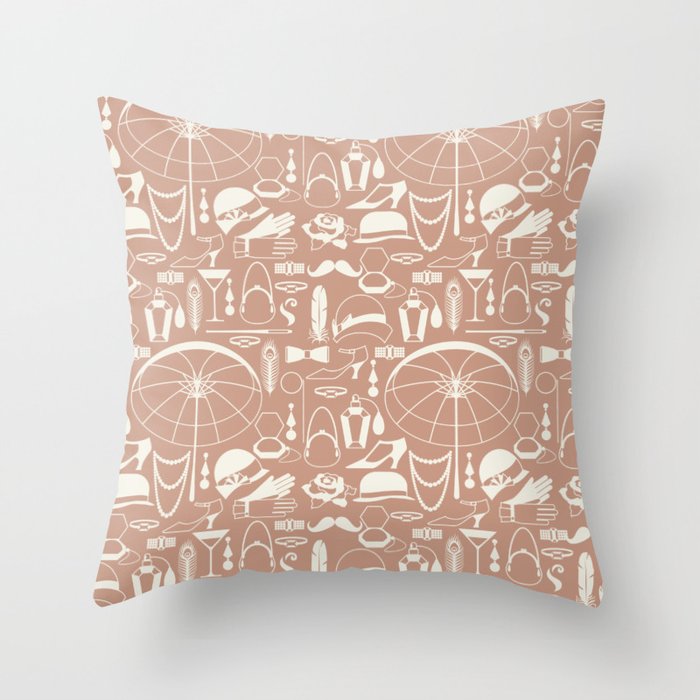 White Old-Fashioned 1920s Vintage Pattern on Light Brown Throw Pillow