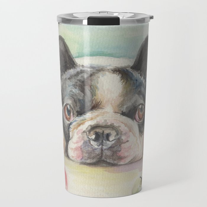 French Bulldog With Apples Watercolor Painting Travel Mug By