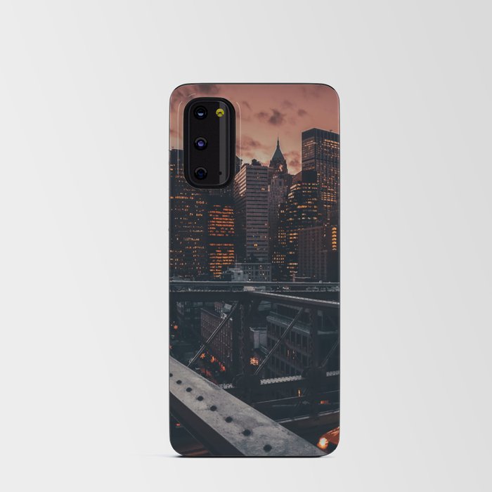 New York City Manhattan Skyline and Brooklyn Bridge with a yellow taxi at sunset Android Card Case