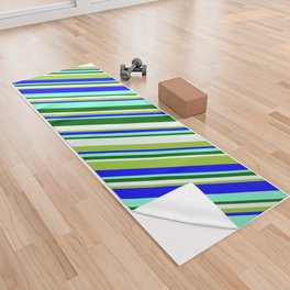 [ Thumbnail: Eyecatching Green, Blue, Aquamarine, Dark Green, and Mint Cream Colored Stripes Pattern Yoga Towel ]