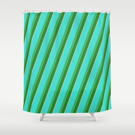 [ Thumbnail: Turquoise, Sea Green, Forest Green, and Light Pink Colored Pattern of Stripes Shower Curtain ]