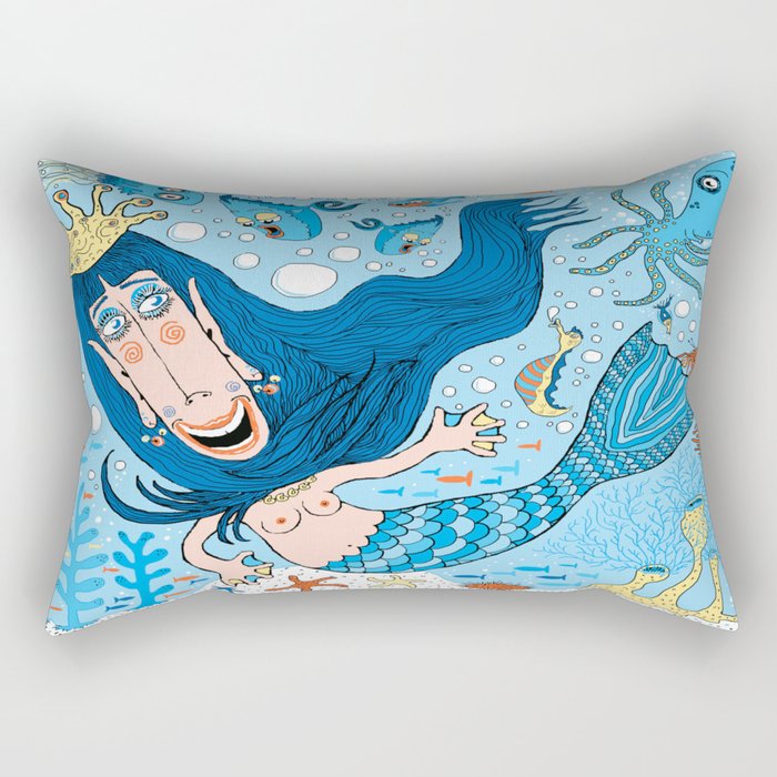 Quirky Mermaid with Sea Friends, Blue version Rectangular Pillow