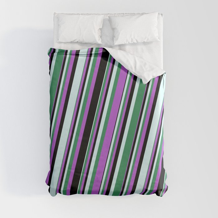 Orchid, Black, Light Cyan, and Sea Green Colored Lined/Striped Pattern Duvet Cover