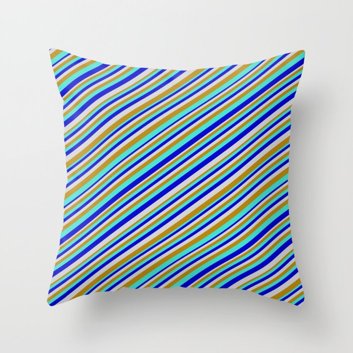 Turquoise, Blue, Light Gray & Dark Goldenrod Colored Pattern of Stripes Throw Pillow