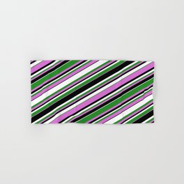 [ Thumbnail: Forest Green, Orchid, Black & White Colored Striped/Lined Pattern Hand & Bath Towel ]