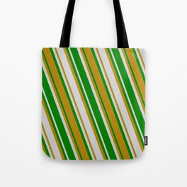 [ Thumbnail: Light Gray, Green & Dark Goldenrod Colored Lines Pattern Tote Bag ]
