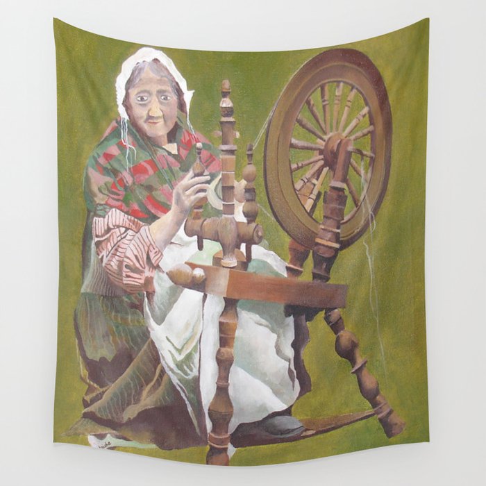 Old Irish Woman Sitting At A Spinning Wheel Wall Tapestry