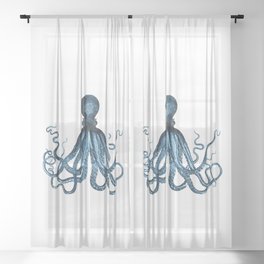 Octopus coastal ocean blue watercolor Sheer Curtain