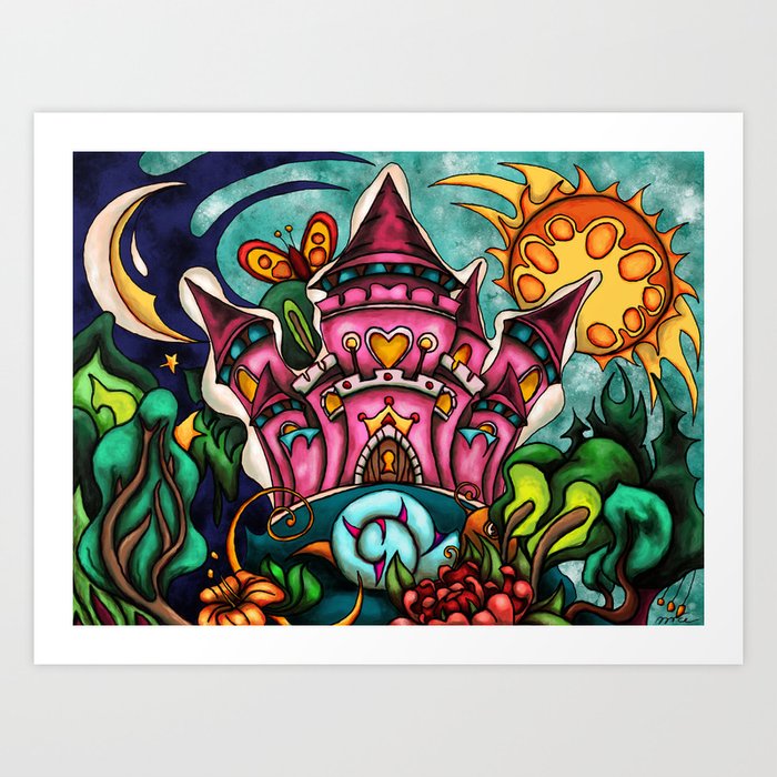 Pink princess castle in fairytale garden painting, whimsical landscape Art Print