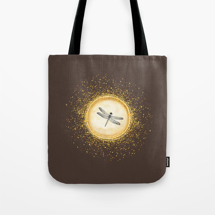 Sketched Dragonfly Gold Circle Pendant on Dark Brown Tote Bag