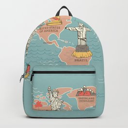 Cute World map cartoon style Backpack | Singapore, Pyramid, Vintage, Usa, Asia, Map, Cartoon, Sketch, Drawing, Graphic Design 