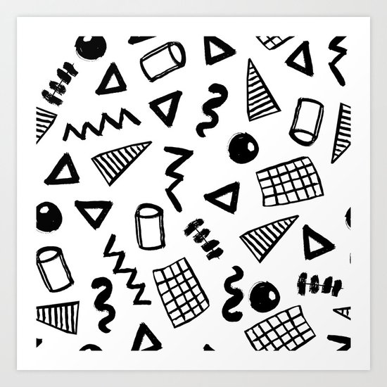 Black and white shapes minimal linocut pattern graphic scandi design Art Print