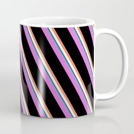 [ Thumbnail: Orchid, Black, Coral, Mint Cream, and Teal Colored Lines/Stripes Pattern Coffee Mug ]