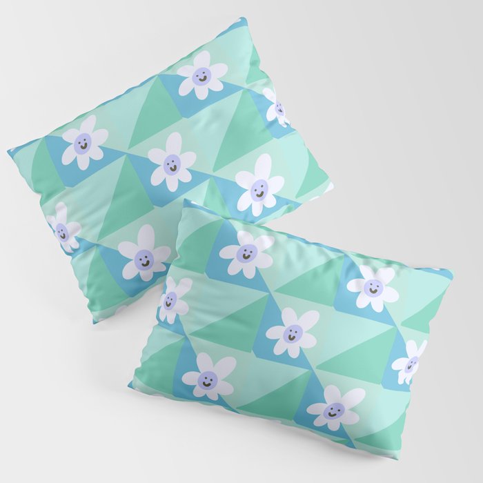Geometric Retro Happy Baby Flowers - Green and Blue Pillow Sham