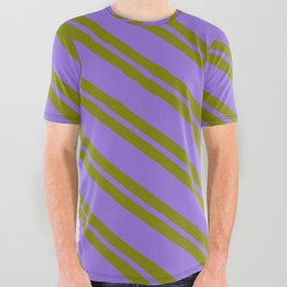 [ Thumbnail: Green & Purple Colored Striped Pattern All Over Graphic Tee ]