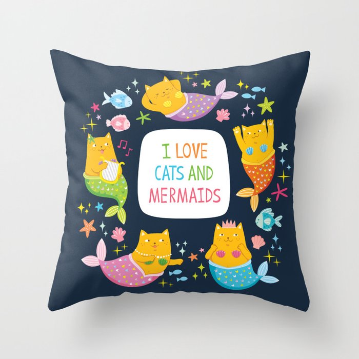 I Love Cats and Mermaids Throw Pillow
