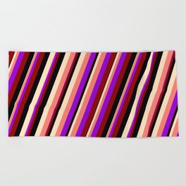 [ Thumbnail: Vibrant Dark Violet, Dark Red, Black, Bisque, and Salmon Colored Stripes Pattern Beach Towel ]
