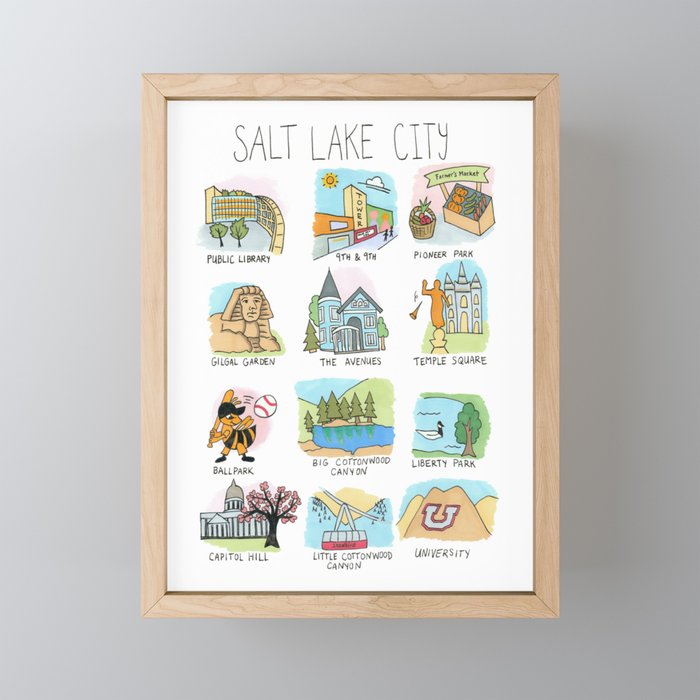 Salt Lake City Illustrated Guide Framed Mini Art Print