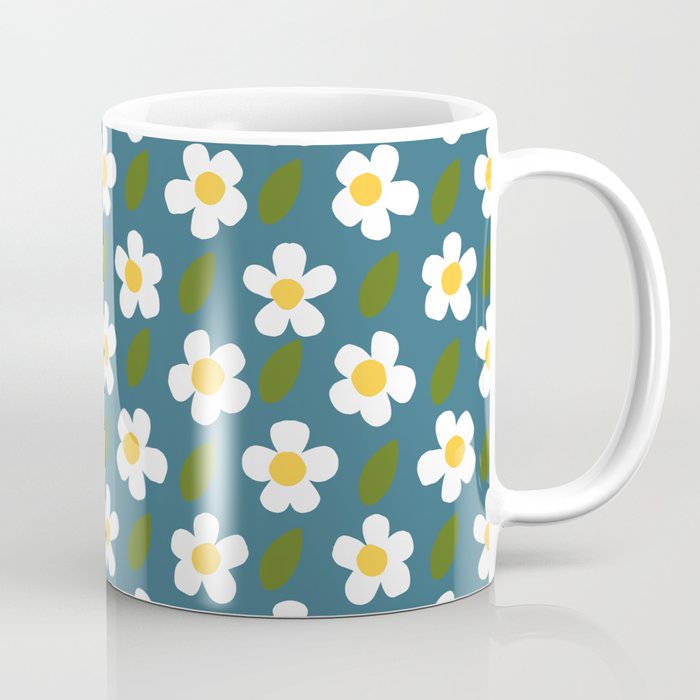 Mini White Flowers Retro Daisy Pattern Midnight Coffee Mug