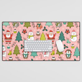 Cute cartoon character, pine trees and christmas elements seamless pattern background.  Desk Mat