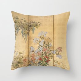 Japanese Edo Period Six-Panel Gold Leaf Screen - Spring and Autumn Flowers Throw Pillow