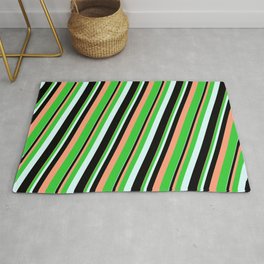 [ Thumbnail: Light Salmon, Lime Green, Light Cyan, and Black Colored Lines/Stripes Pattern Rug ]