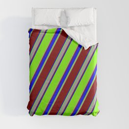 [ Thumbnail: Chartreuse, Dark Gray, Maroon & Blue Colored Lines/Stripes Pattern Duvet Cover ]