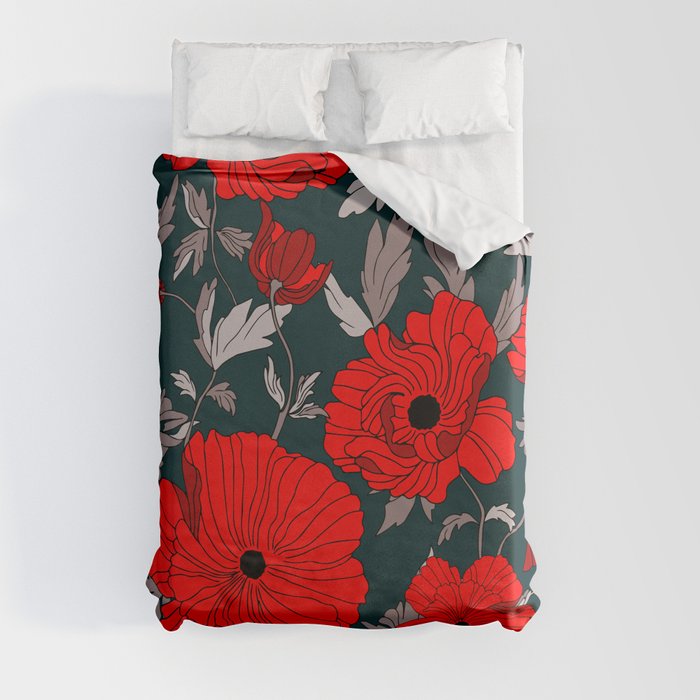 Red poppies on a dark background Duvet Cover