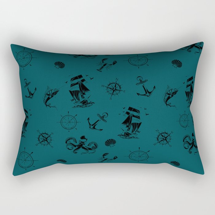 Teal Blue And Black Silhouettes Of Vintage Nautical Pattern Rectangular Pillow