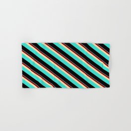 [ Thumbnail: Colorful Dim Gray, Maroon, Tan, Turquoise & Black Colored Stripes/Lines Pattern Hand & Bath Towel ]
