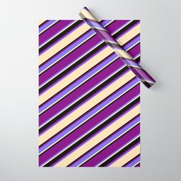 [ Thumbnail: Purple, Medium Slate Blue, Beige, and Black Colored Striped/Lined Pattern Wrapping Paper ]