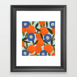 Clementine Orange Blue Flowers Pattern Leaves Framed Art Print