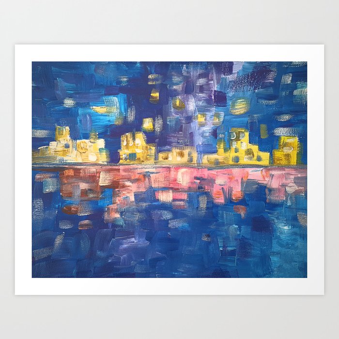 City Lights In Blue Night Colorful Acrylic Painting Art Print By