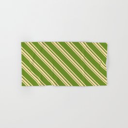 [ Thumbnail: Tan and Green Colored Striped/Lined Pattern Hand & Bath Towel ]
