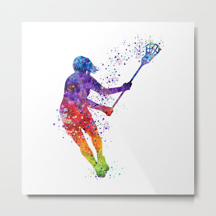 Lacrosse Girl Colorful Watercolor Sports Art Gift Metal Print