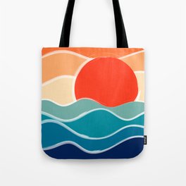 Retro 70s and 80s Color Palette Mid-Century Minimalist Nature Waves and Sun Abstract Art Tote Bag