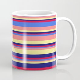 [ Thumbnail: Eye-catching Crimson, Royal Blue, Light Coral, Tan, and Midnight Blue Colored Striped/Lined Pattern Coffee Mug ]