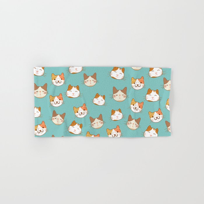 Cute Cat Faces Mint Green Print Pattern Hand & Bath Towel