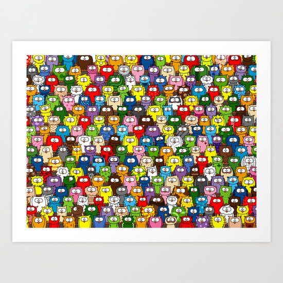 colorful crowd of owls Art Print